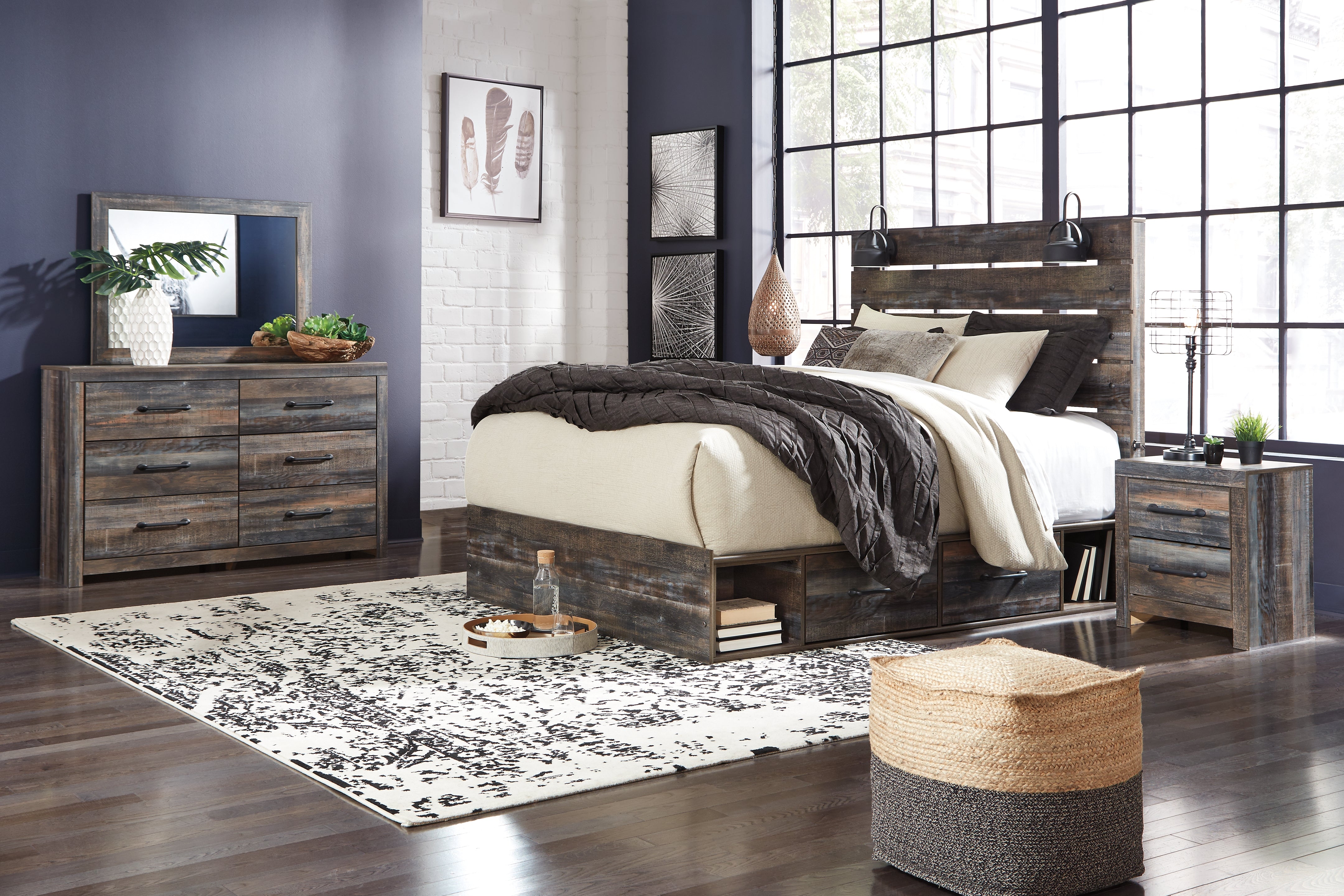 Homestyle Furniture - Ashley Furniture - Drystan Queen Panel Bed with Mirrored Dresser and Nightstand - Queen Panel Bed with Mirrored Dresser and Nightstand - B211B56