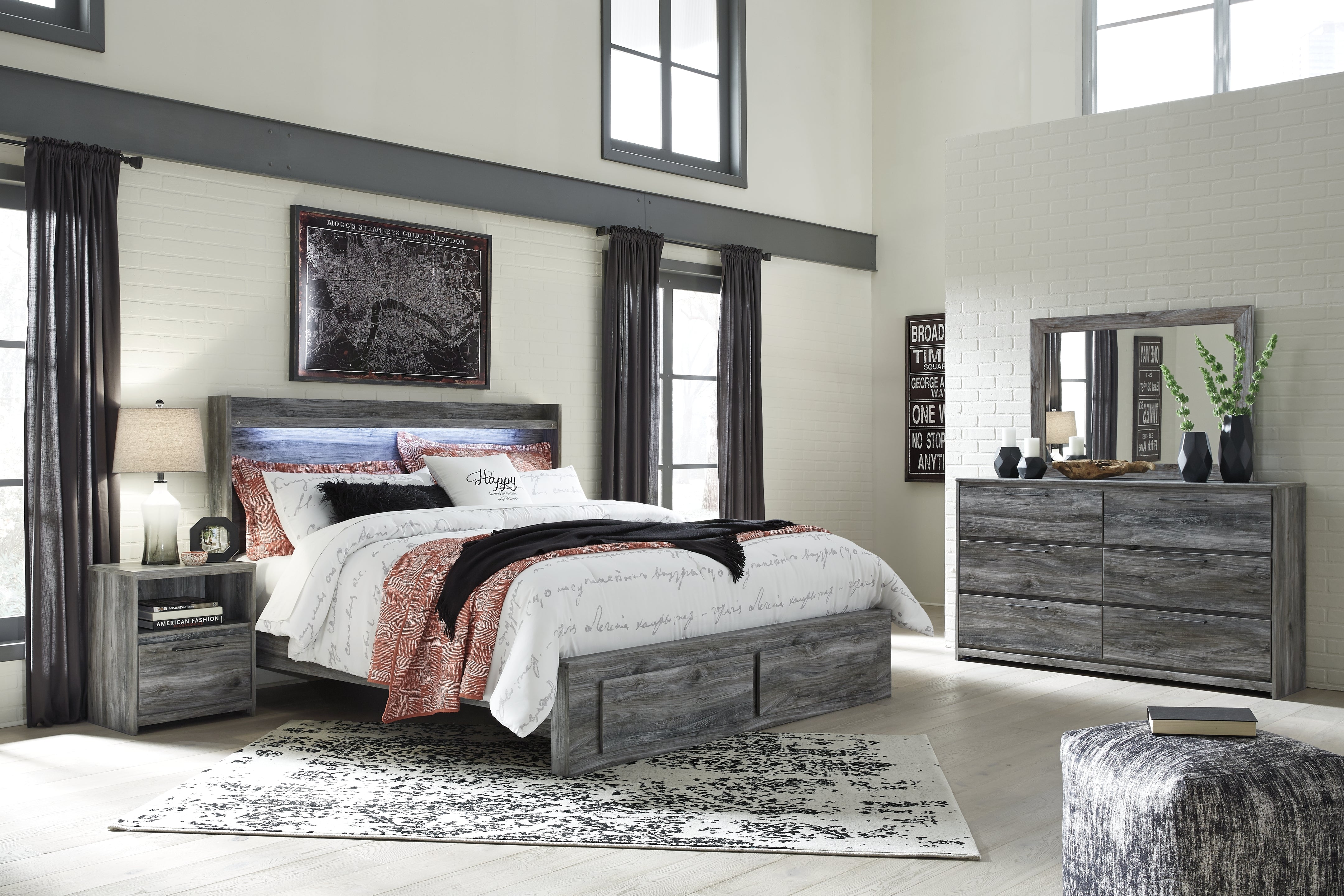 Homestyle Furniture - Ashley Furniture - Baystorm King Panel Storage Bed with Mirrored Dresser and Nightstand - King Panel Storage Bed with Mirrored Dresser and Nightstand - B221B36