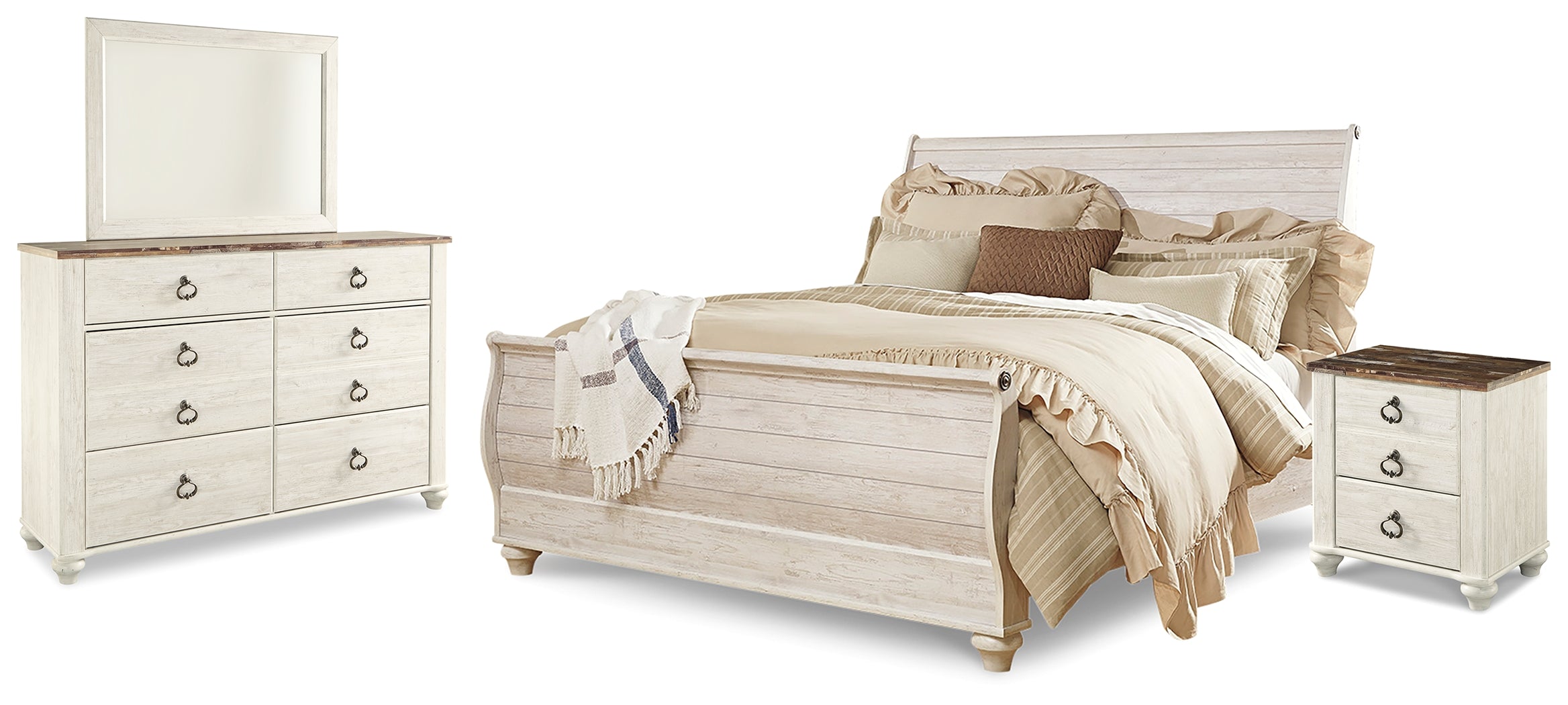 Homestyle Furniture - Ashley Furniture - Willowton King Sleigh Bed, Dresser, Mirror and Nightstand - King Sleigh Bed, Dresser, Mirror and Nightstand - B267B33