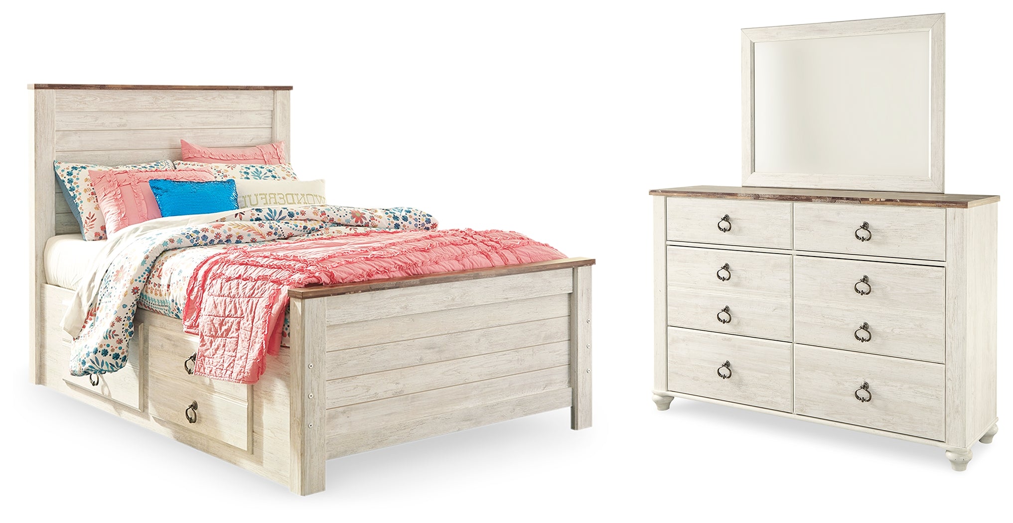 Homestyle Furniture - Ashley Furniture - Willowton Full Panel Bed with Storage, Dresser and Mirror - Full Panel Bed with Storage, Dresser and Mirror - B267B52