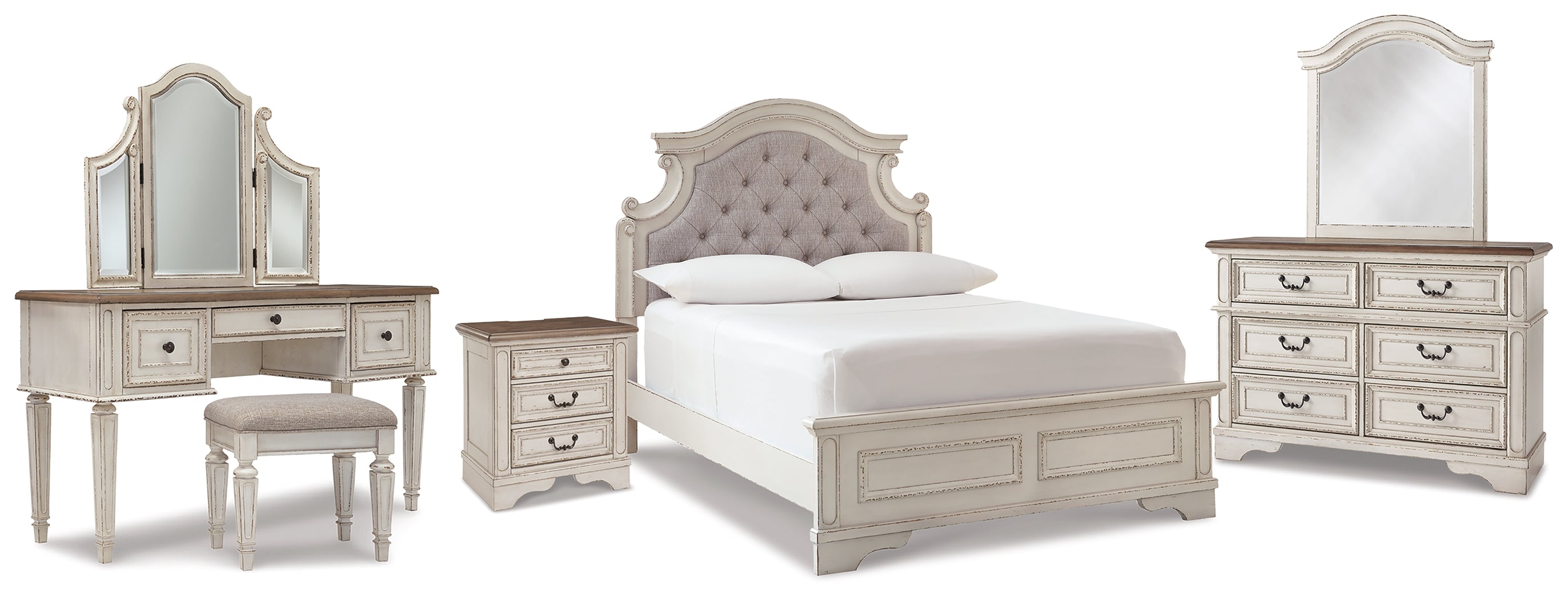 Homestyle Furniture - Ashley Furniture - Realyn Full Panel Bed, Dresser, Mirror, 3-Piece Vanity and Nightstand - Full Panel Bed, Dresser, Mirror, 3-Piece Vanity and Nightstand - B743B27