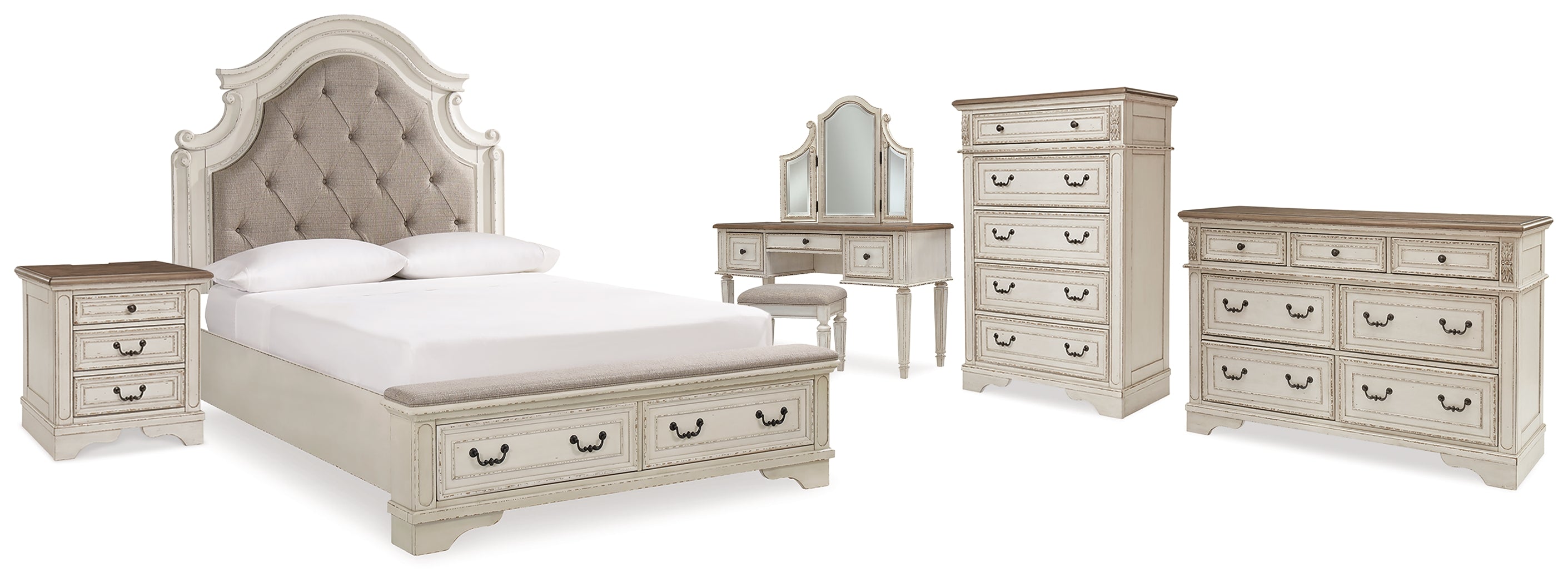 Homestyle Furniture - Ashley Furniture - Realyn Queen Upholstery Panel Bed, Dresser, Chest, Nightstand, and Vanity Set - Queen Upholstery Panel Bed, Dresser, Chest, Nightstand, and Vanity Set - B743B35