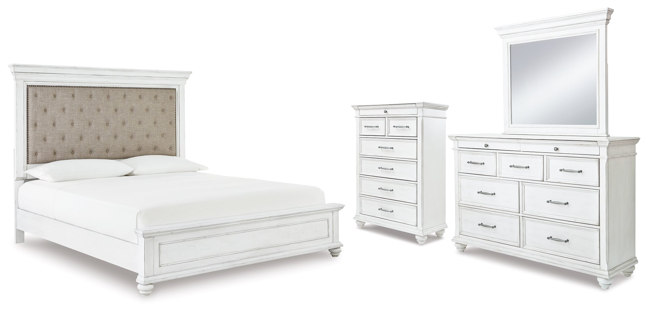 Homestyle Furniture - Ashley Furniture - Kanwyn Cal King Upholstered Panel Bed, Dresser, Mirror and Chest - Cal King Upholstered Panel Bed, Dresser, Mirror and Chest - B777B23