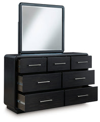 Rowanbeck California King Upholstered Panel Bed, Dresser and Mirror