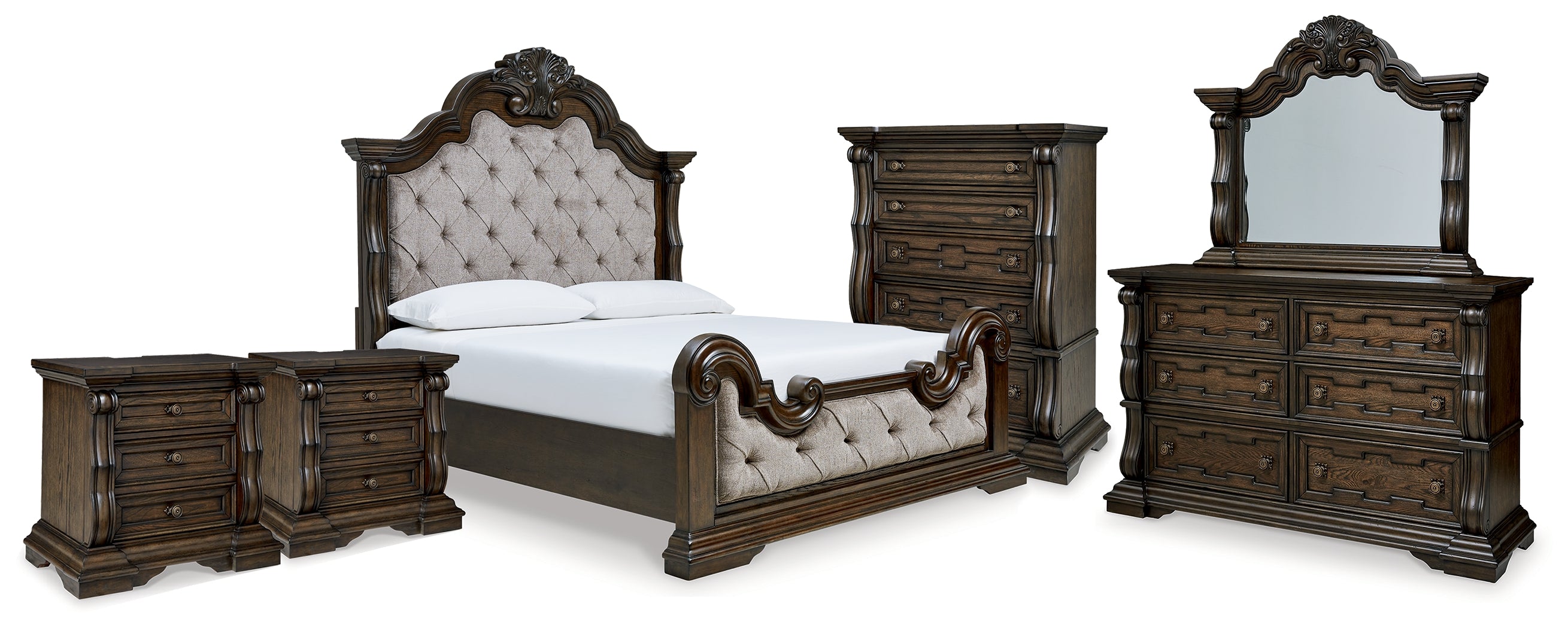 Homestyle Furniture - Ashley Furniture - Maylee King Upholstered Bed, Dresser, Mirror, Chest and 2 Nightstands - King Upholstered Bed, Dresser, Mirror, Chest and 2 Nightstands - B947B13