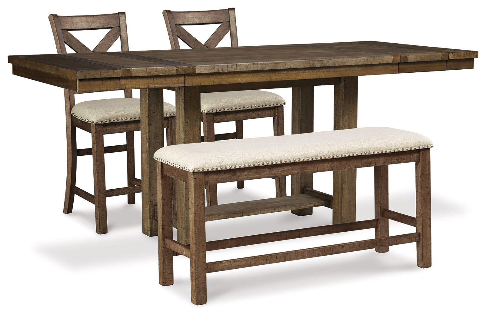 Homestyle Furniture - Ashley Furniture - Moriville Counter Height Dining Table and 2 Barstools and Bench - Counter Height Dining Table and 2 Barstools and Bench - D631D9