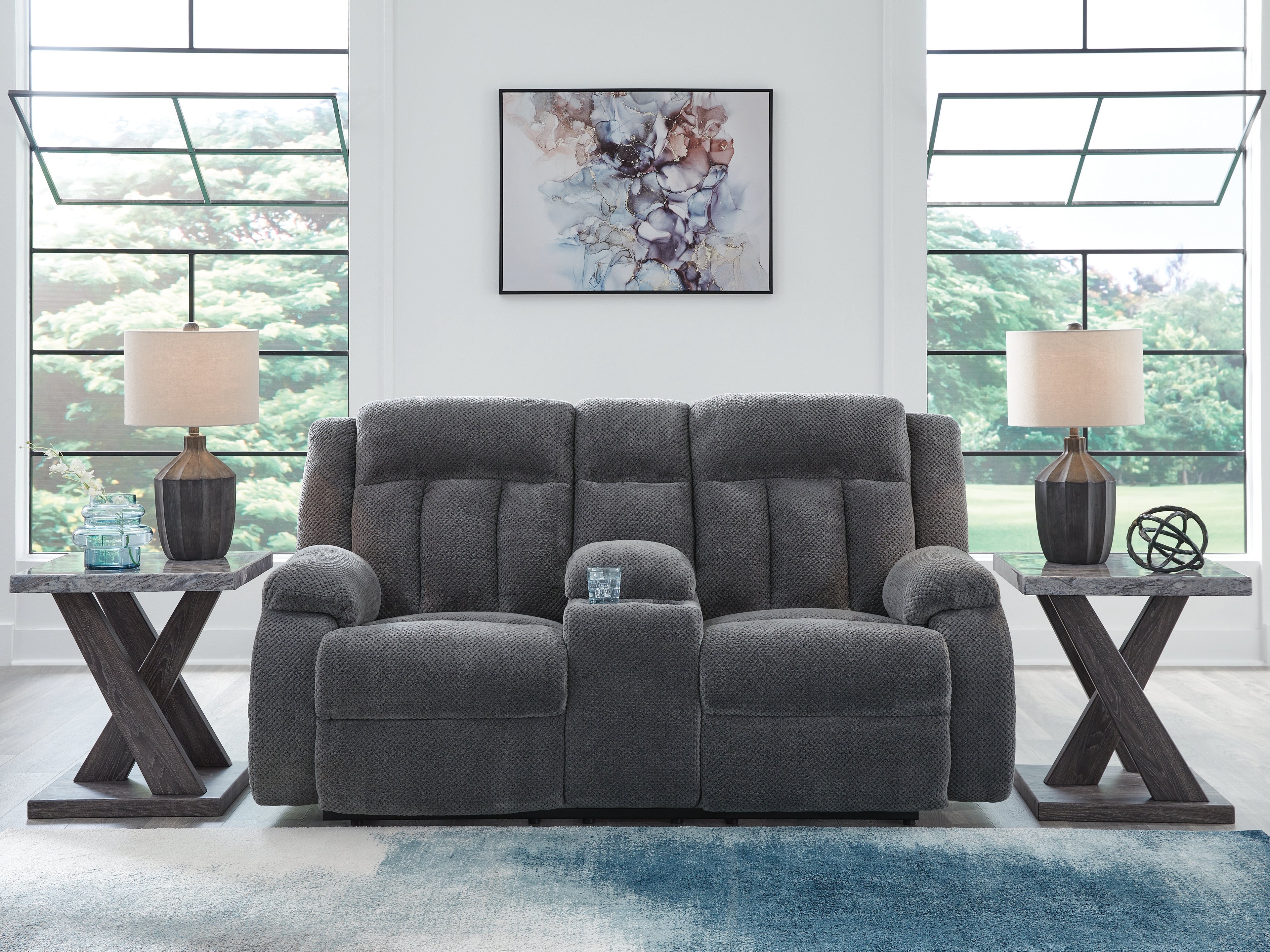 Homestyle Furniture - Ashley Furniture - Observation Power Reclining Loveseat with Console - DBL REC PWR Loveseat w/Console / Steel - PC2140596