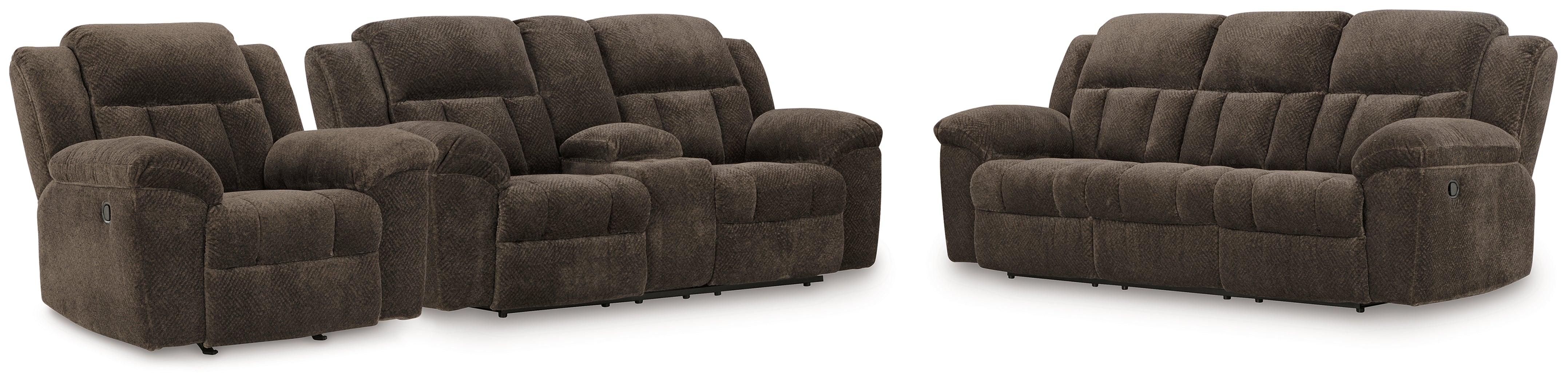Homestyle Furniture - Ashley Furniture - Frohn Reclining Sofa, Loveseat and Recliner - Reclining Sofa, Loveseat and Recliner / Chocolate - 37407U4