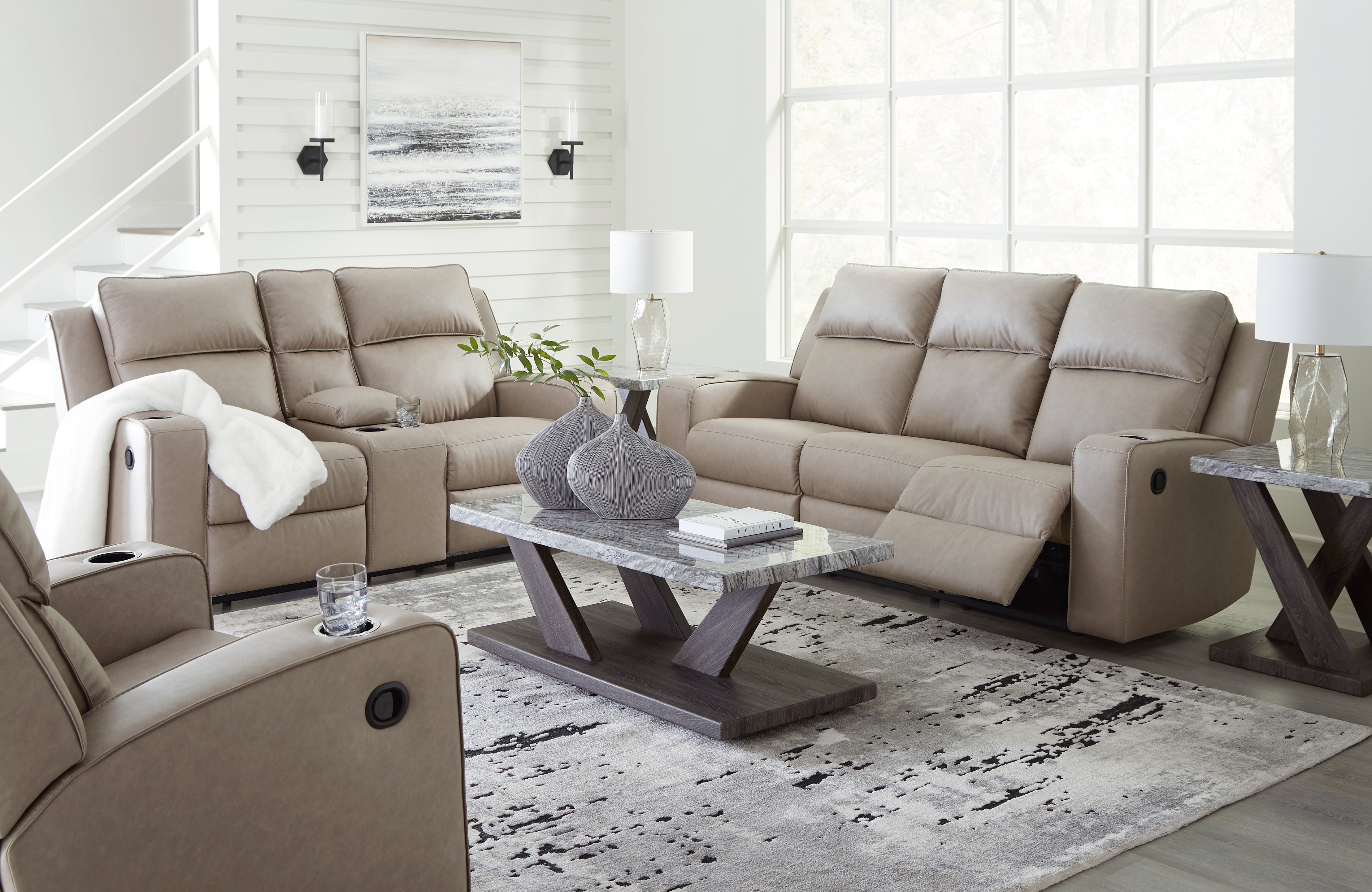 Homestyle Furniture - Ashley Furniture - Lavenhorne Reclining Sofa, Loveseat and Recliner - Reclining Sofa, Loveseat and Recliner / Pebble - 63307U2