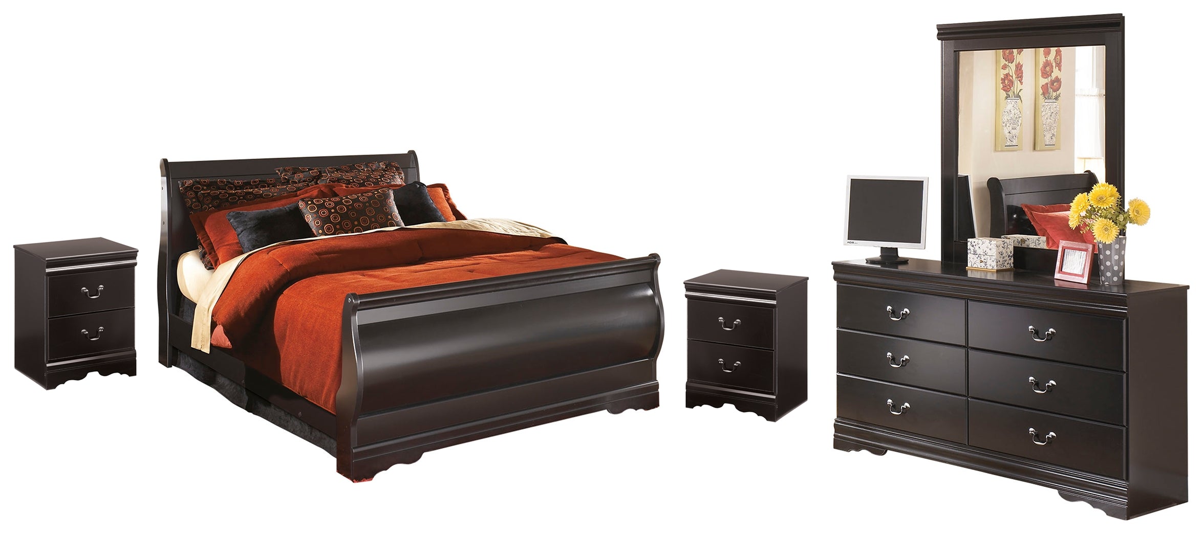 Homestyle Furniture - Ashley Furniture - Huey Vineyard Queen Sleigh Bed with Mirrored Dresser and 2 Nightstands - Queen Sleigh Bed with Mirrored Dresser and 2 Nightstands - B128B15