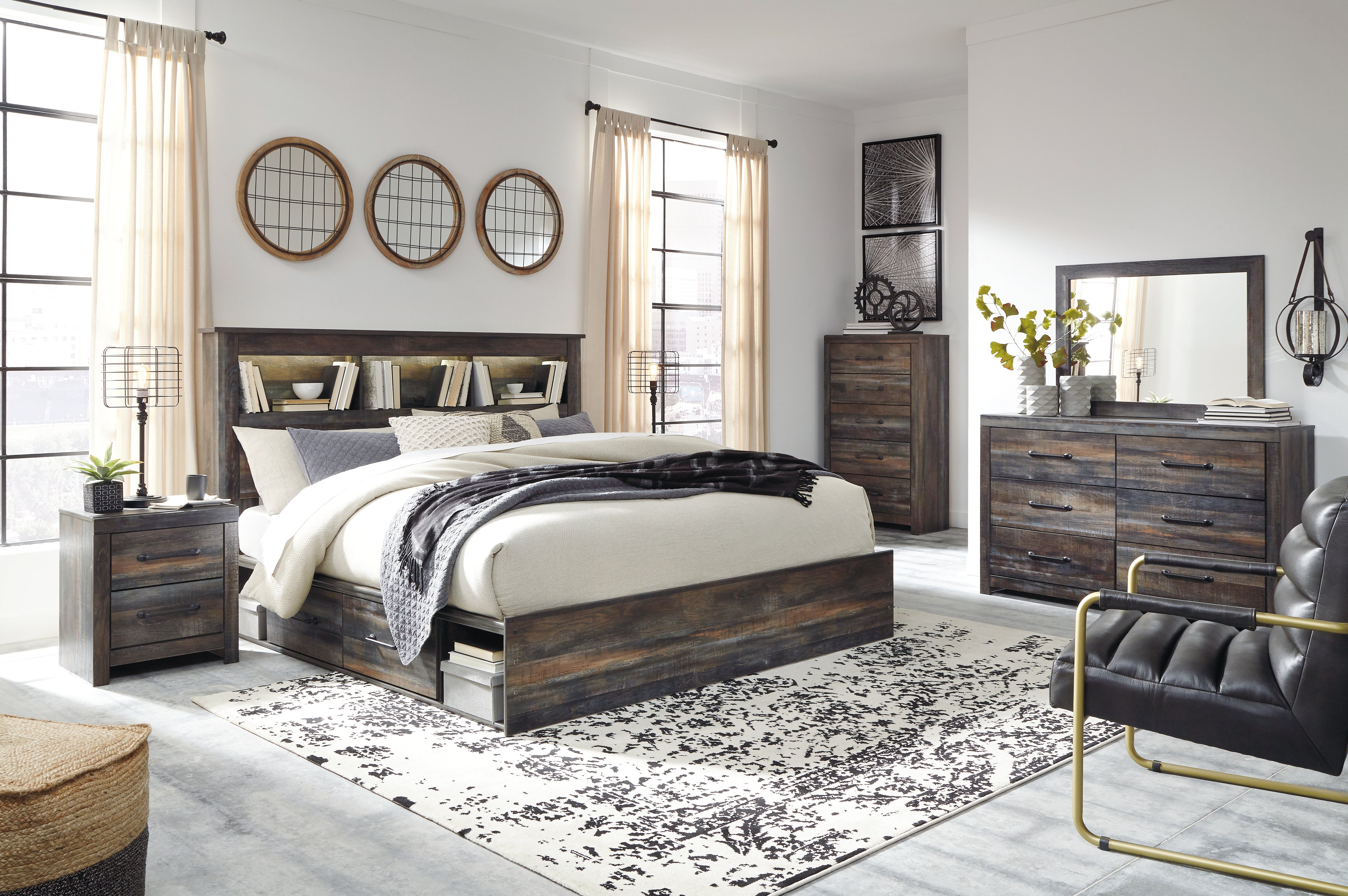 Homestyle Furniture - Ashley Furniture - Drystan King Bookcase Storage Bed, Dresser, Mirror, Chest and 2 Nightstands - King Bookcase Storage Bed, Dresser, Mirror, Chest and 2 Nightstands - B211B80