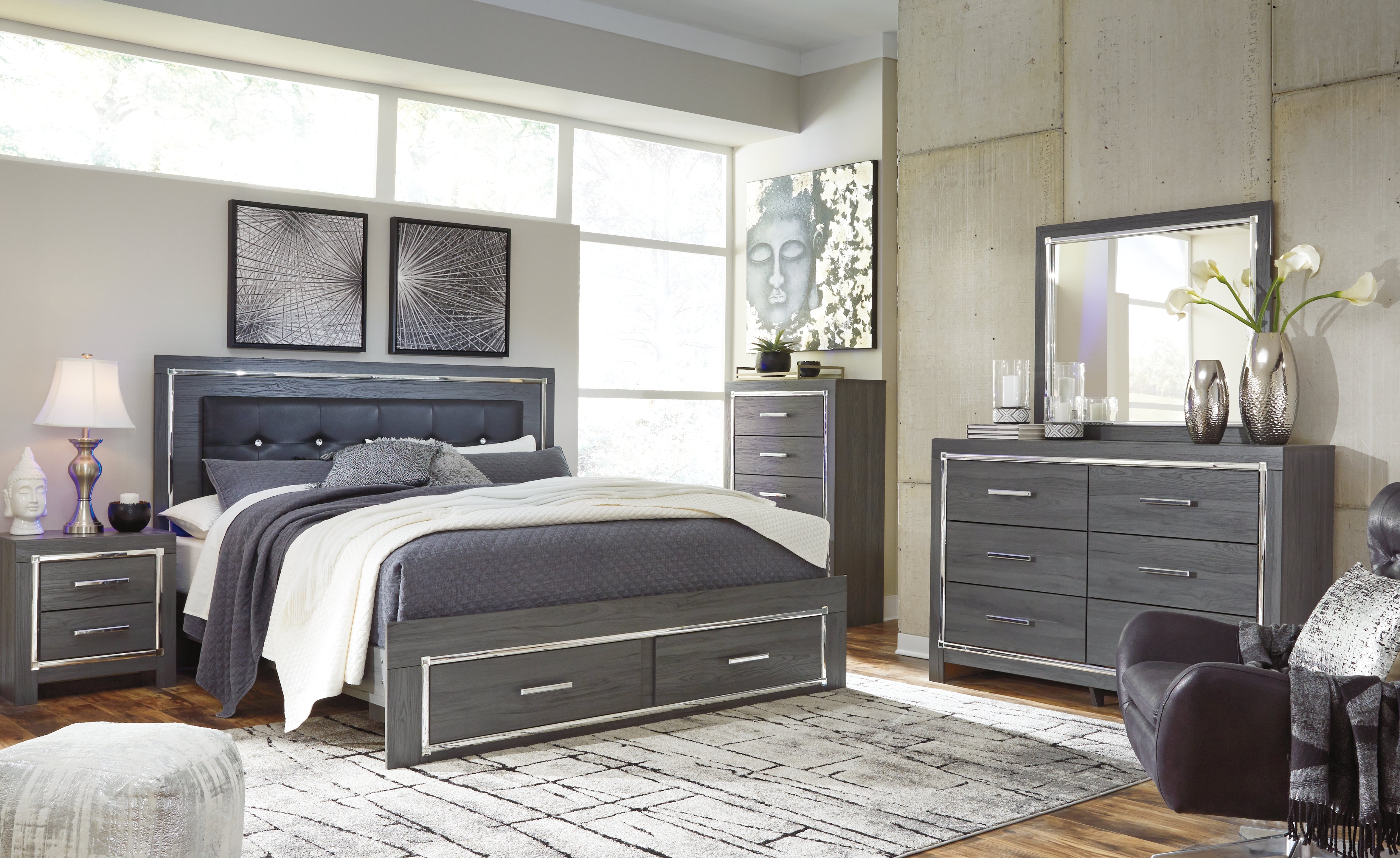 Homestyle Furniture - Ashley Furniture - Lodanna King Upholstered Storage Bed, Dresser, Mirror, Chest and 2 Nightstands - King Upholstered Storage Bed, Dresser, Mirror, Chest and 2 Nightstands - B214B29