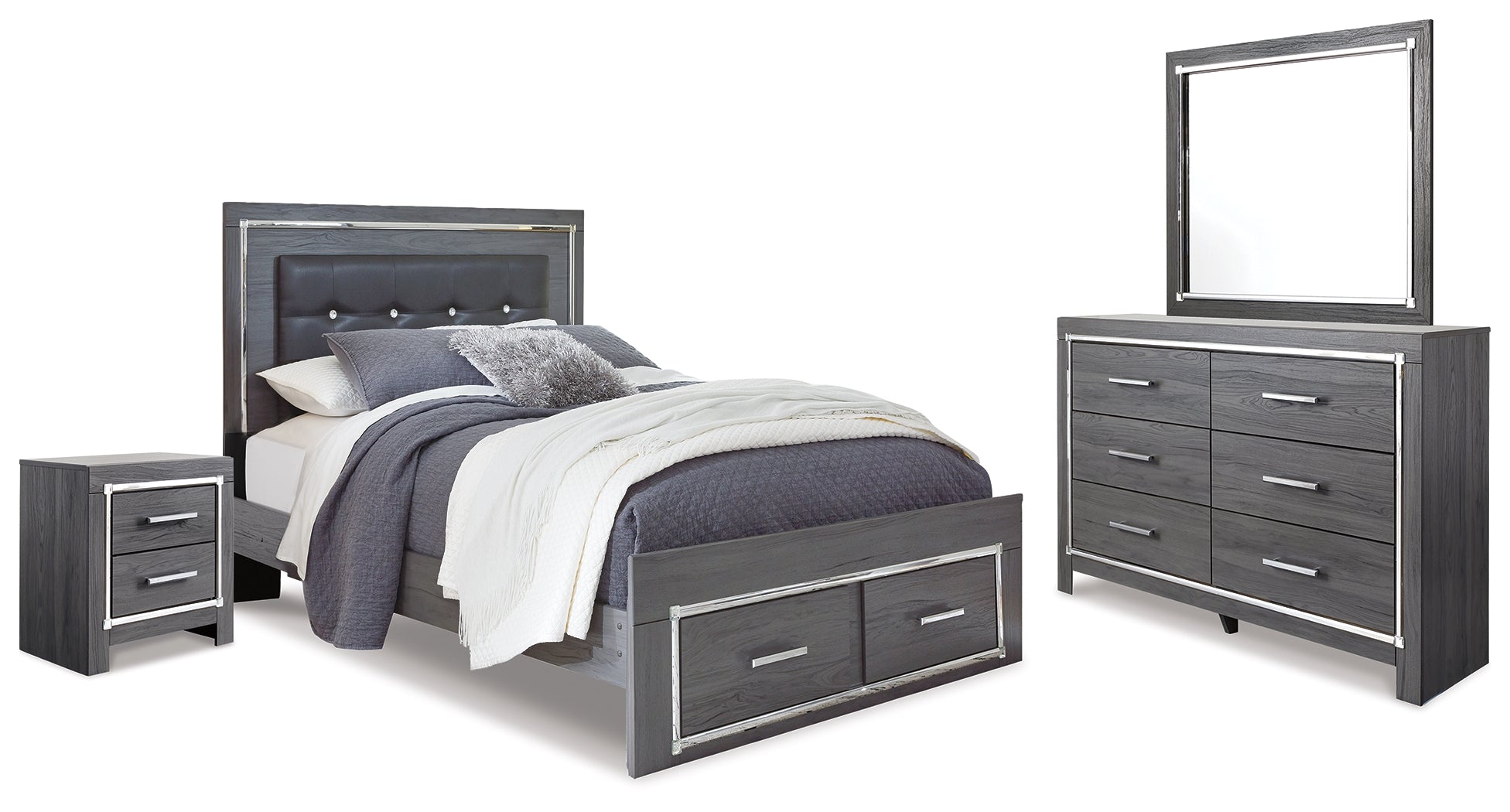 Homestyle Furniture - Ashley Furniture - Lodanna Queen Panel Storage Bed with Mirrored Dresser and Nightstand - Queen Panel Storage Bed with Mirrored Dresser and Nightstand - B214B16