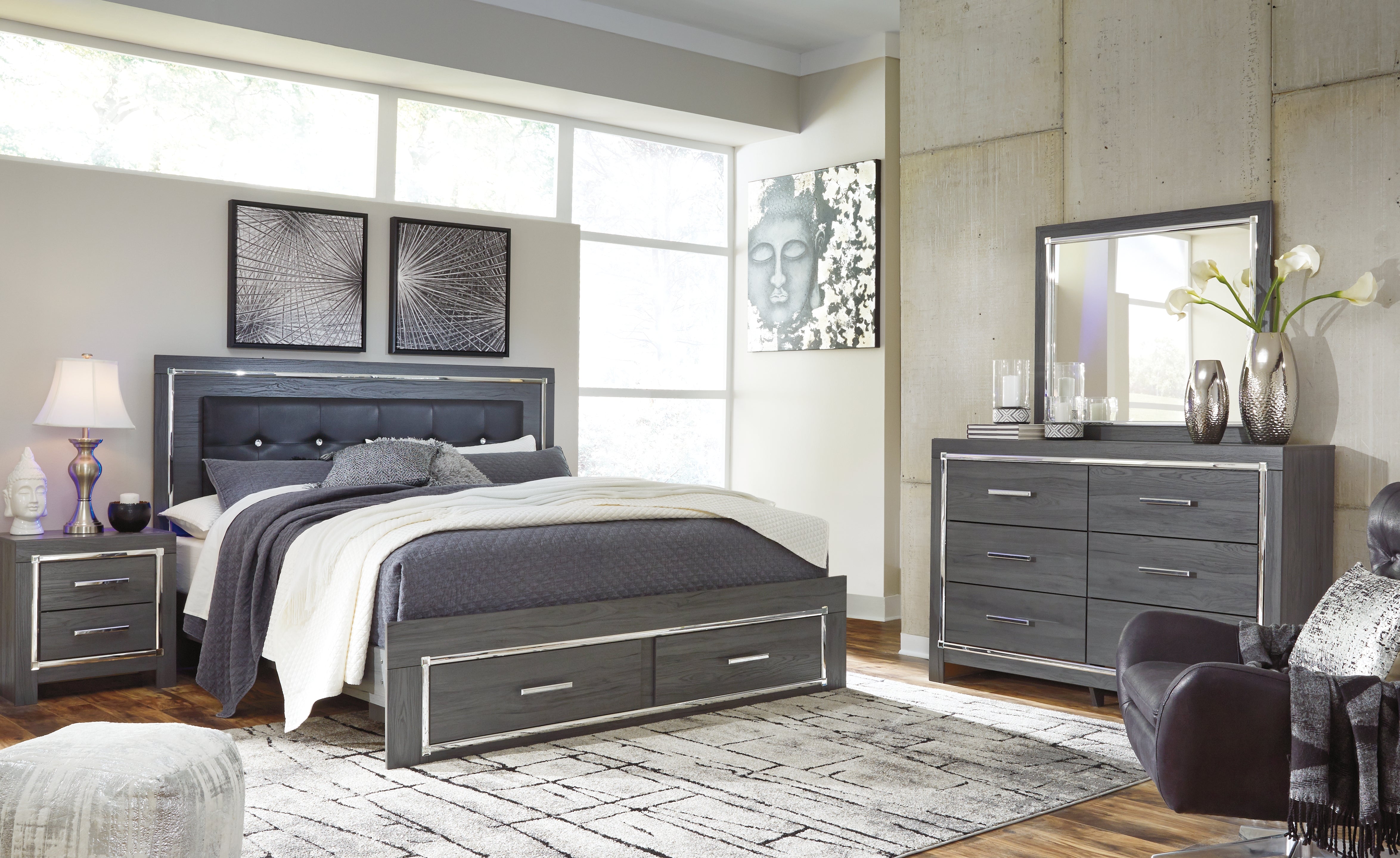 Homestyle Furniture - Ashley Furniture - Lodanna King Panel Storage Bed with Mirrored Dresser and Nightstand - King Panel Storage Bed with Mirrored Dresser and Nightstand - B214B17