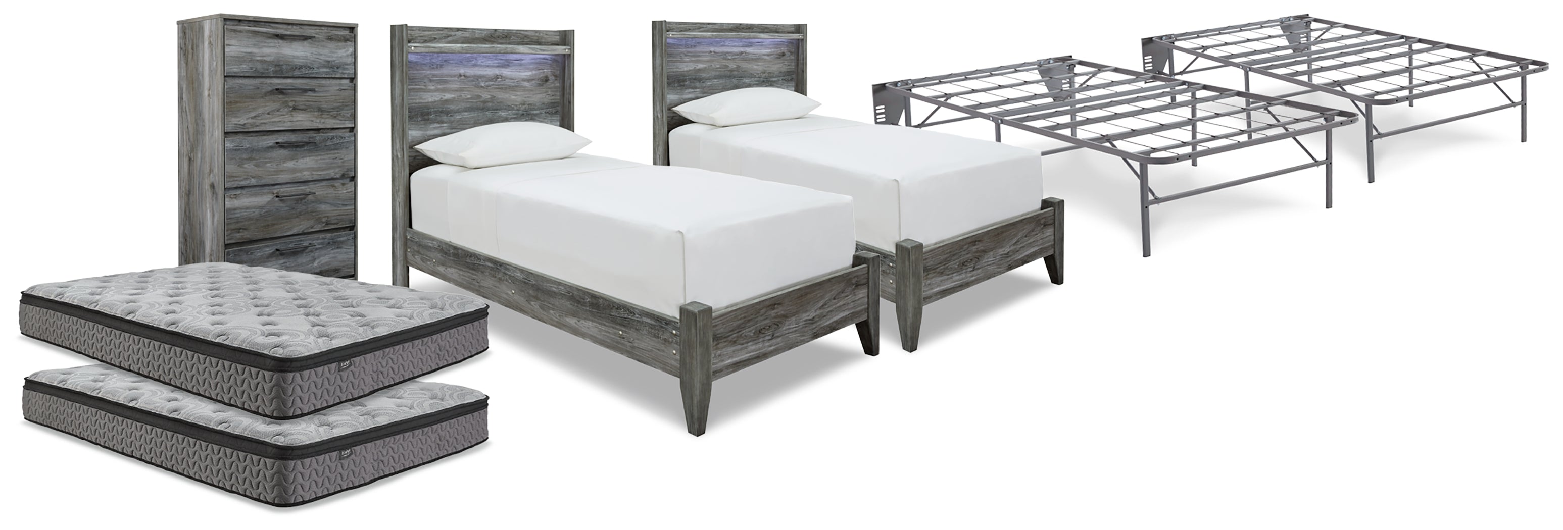 Homestyle Furniture - Ashley Furniture - Baystorm 2 Twin Panel Beds, 2 Mattresses, 2 Foundations, and Chest - 2 Twin Panel Beds, 2 Mattresses, 2 Foundations, and Chest - B221B45