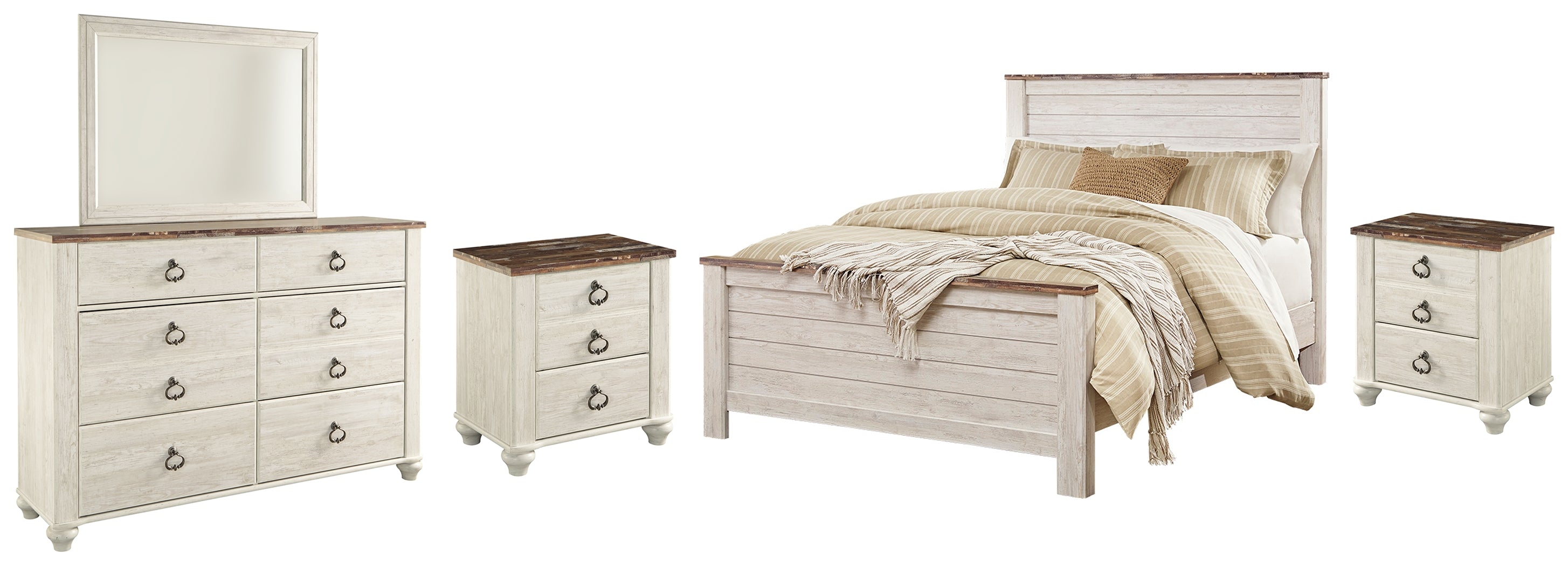 Homestyle Furniture - Ashley Furniture - Willowton Queen Panel Bed, Dresser, Mirror and 2 Nightstands - Queen Panel Bed, Dresser, Mirror and 2 Nightstands - B267B35