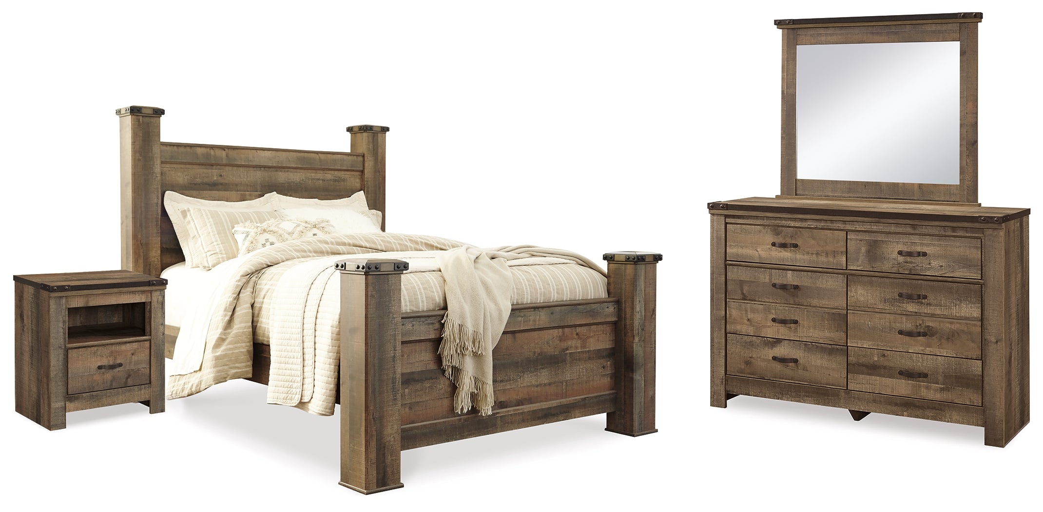 Homestyle Furniture - Ashley Furniture - Trinell Queen Poster Bed, Dresser, Mirror and Nightstand - Queen Poster Bed, Dresser, Mirror and Nightstand - B446B76