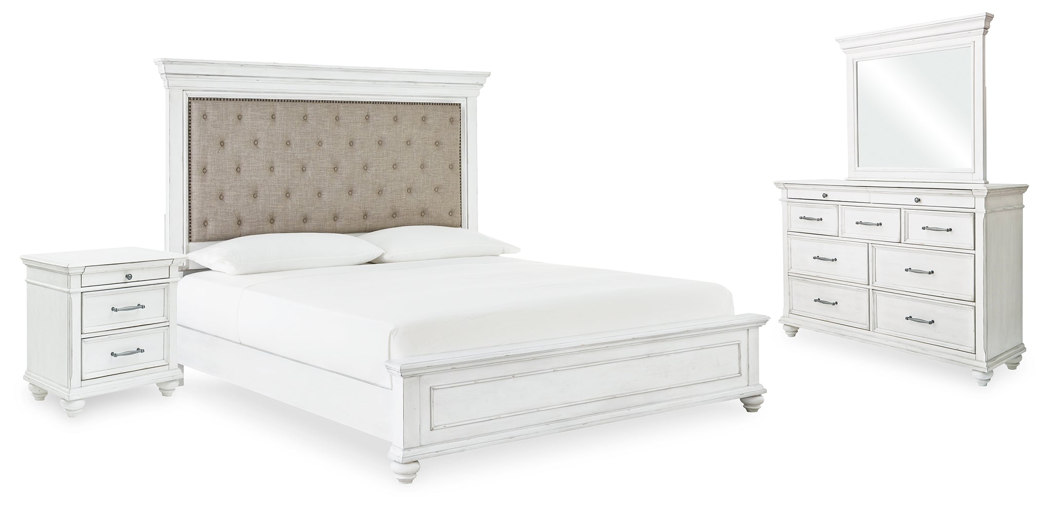 Homestyle Furniture - Ashley Furniture - Kanwyn Queen Upholstered Panel Bed, Dresser, Mirror, and Nightstand - Queen Upholstered Panel Bed, Dresser, Mirror, and Nightstand - B777B16
