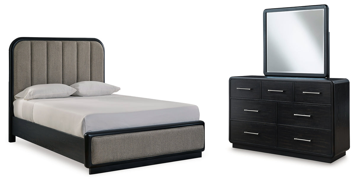 Homestyle Furniture - Ashley Furniture - Rowanbeck Queen Upholstered Panel Bed, Dresser and Mirror - Queen Upholstered Panel Bed, Dresser and Mirror - B821B3