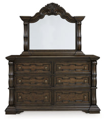 Maylee Queen Upholstered Panel Bed, Dresser, Mirror and Nightstand