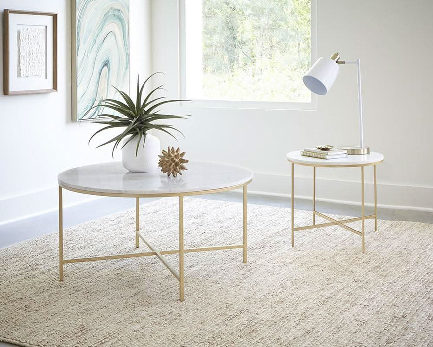 Ellison Round X-cross End Table White and Gold  Homestyle Furniture (ARk)