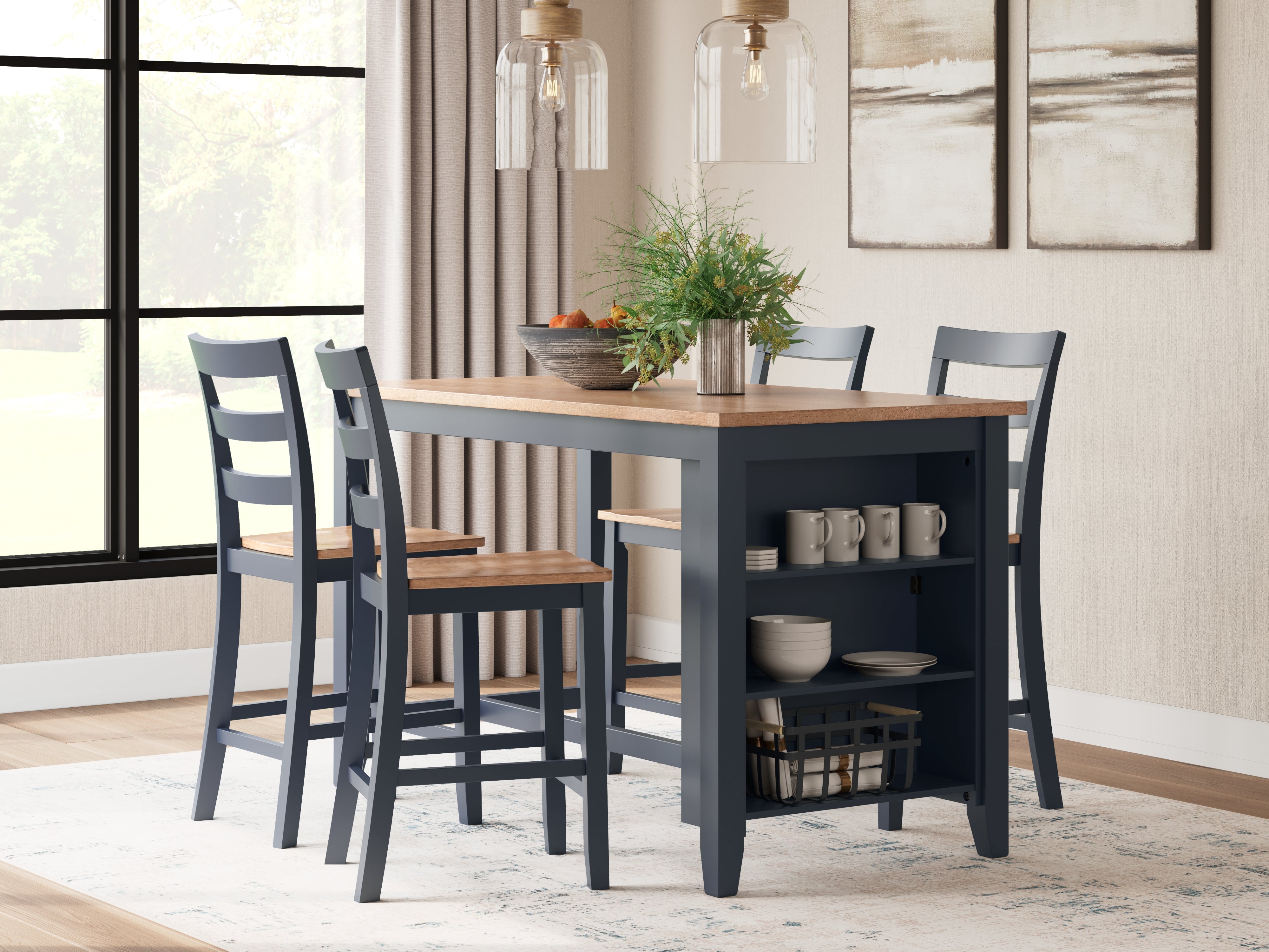 Homestyle Furniture - Ashley Furniture - Gesthaven Counter Height Dining Table and 4 Barstools - Counter Height Dining Table and 4 Barstools / Natural/Blue - D399D2
