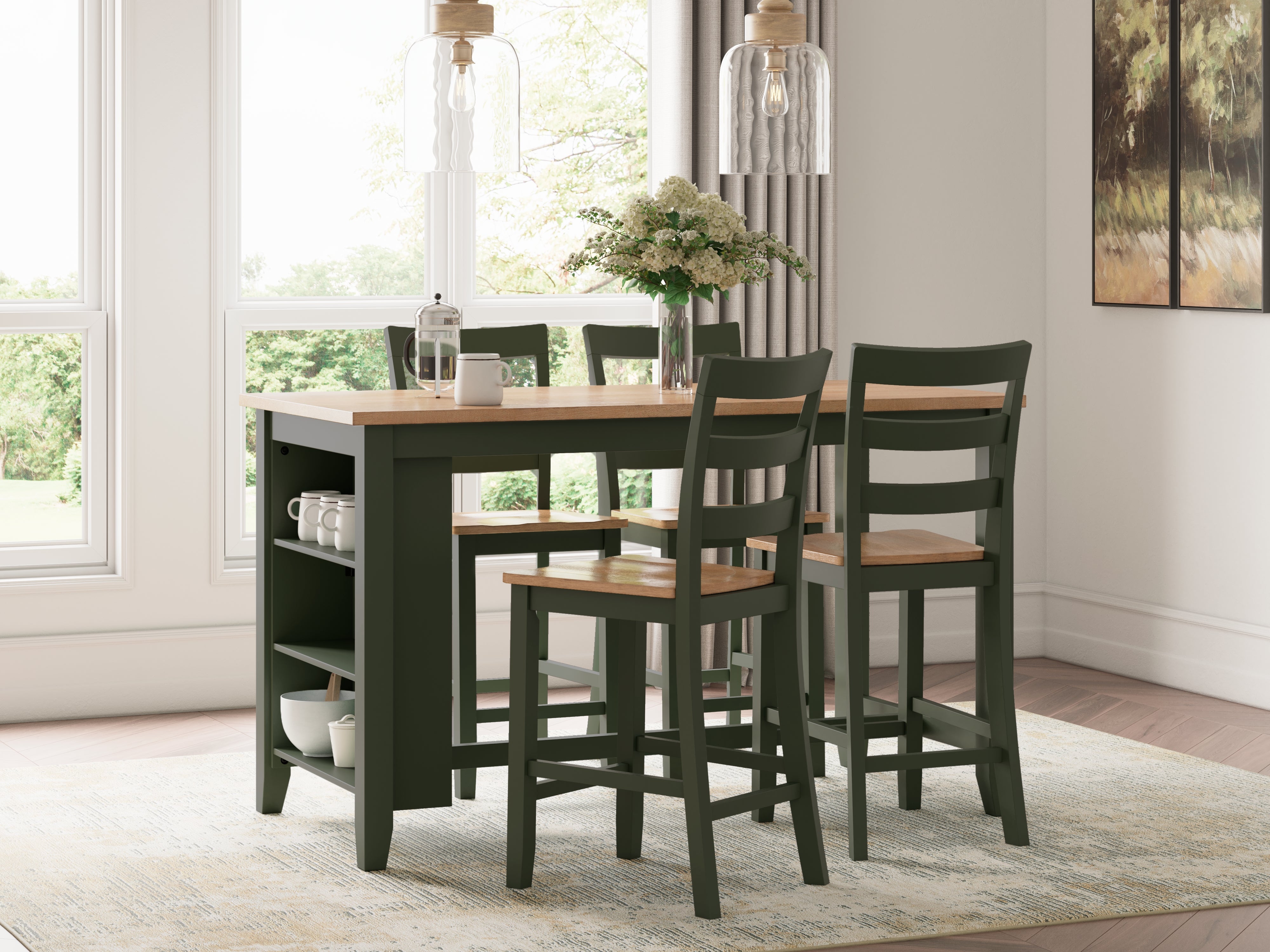 Homestyle Furniture - Ashley Furniture - Gesthaven Counter Height Dining Table and 4 Barstools - Counter Height Dining Table and 4 Barstools / Natural/Green - D401D2