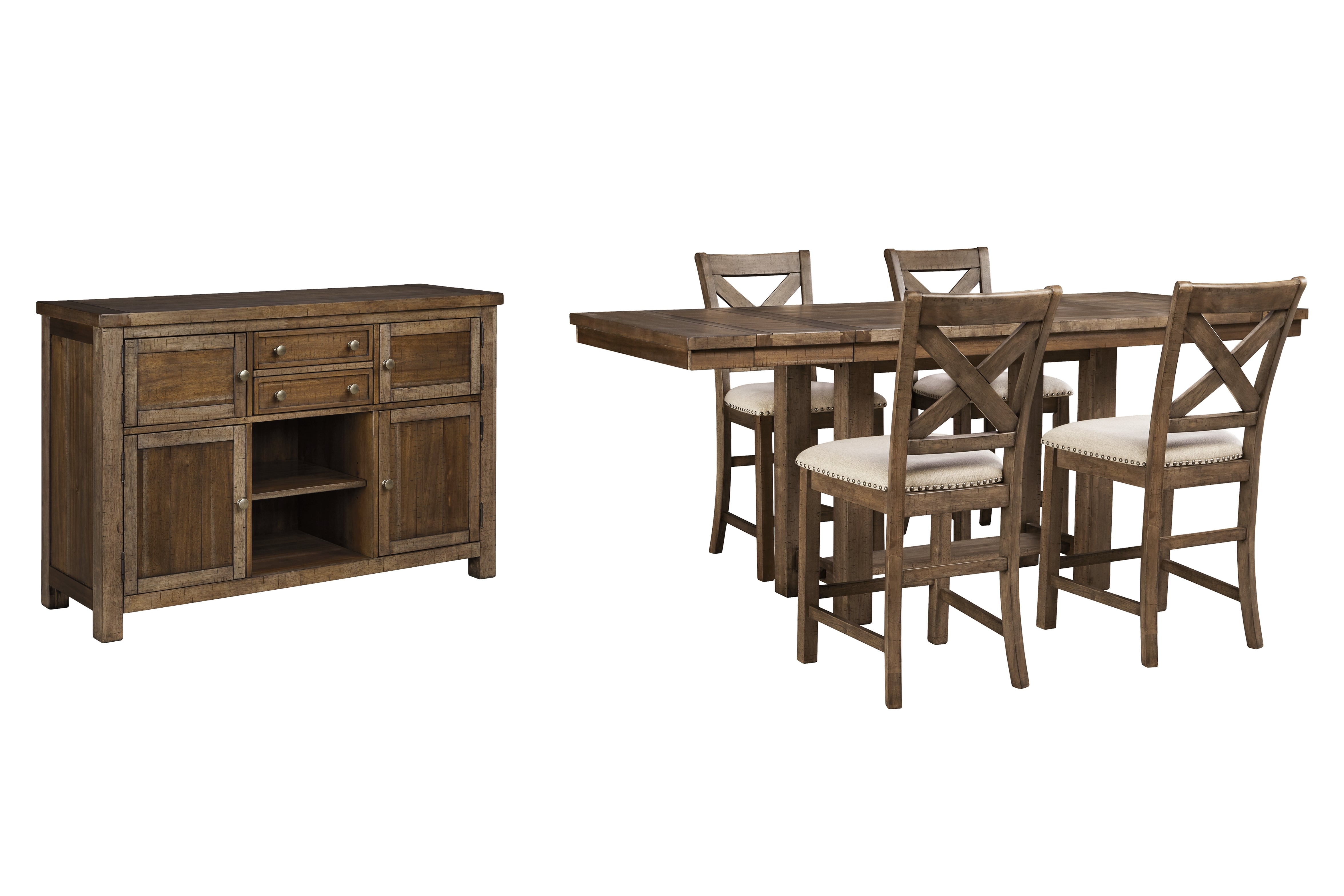 Homestyle Furniture - Ashley Furniture - Moriville Counter Height Dining Table, 4 Barstools and Server - Counter Height Dining Table, 4 Barstools and Server - D631D8