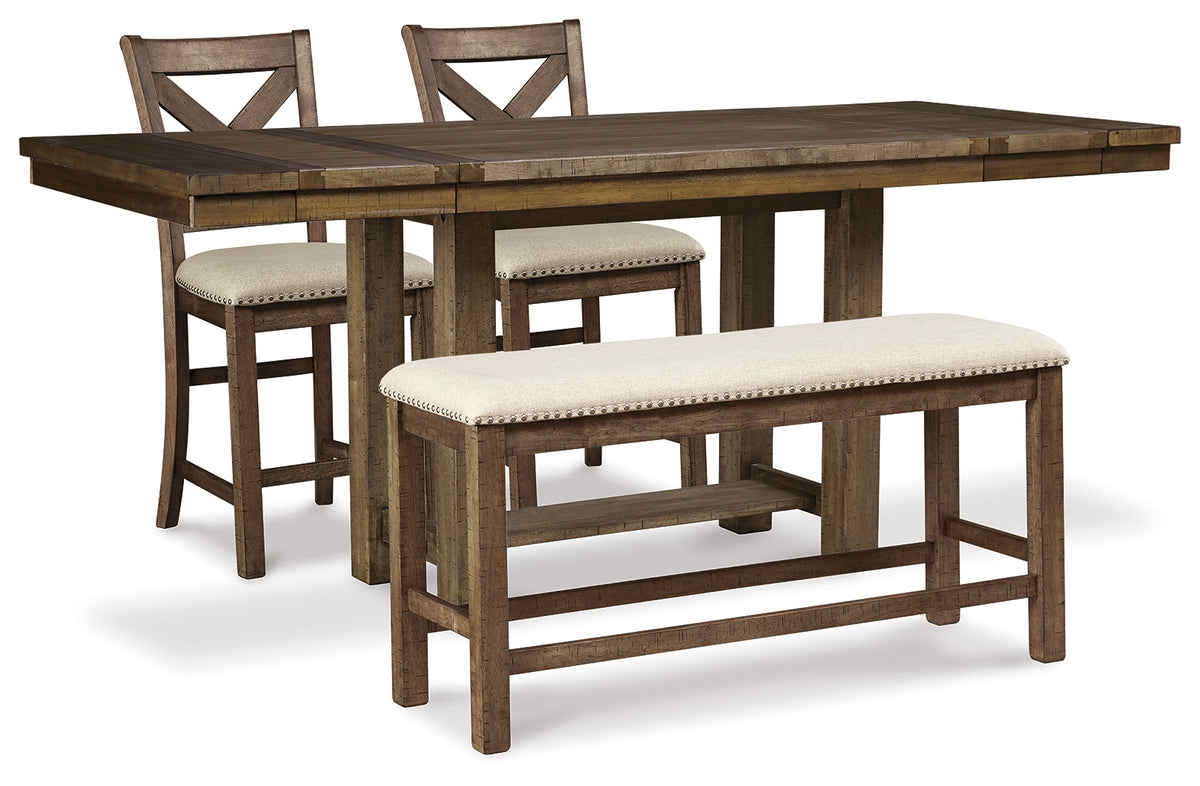 Homestyle Furniture - Ashley Furniture - Moriville Counter Height Dining Table and 2 Barstools and Bench - Counter Height Dining Table and 2 Barstools and Bench - D631D9