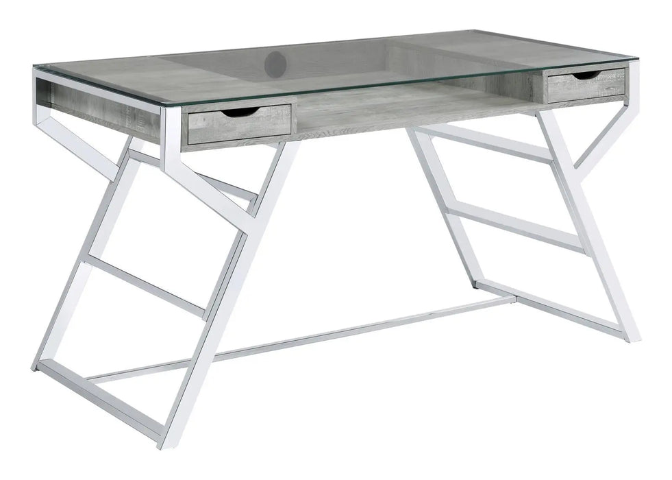 Emelle 2-drawer Glass Top Writing Desk Grey Driftwood and Chrome  Homestyle Furniture (ARk)