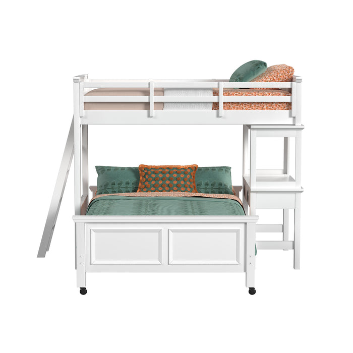 Hampton Kids Twin Over Full Loft with Ladder and Desk with Speaker in White
