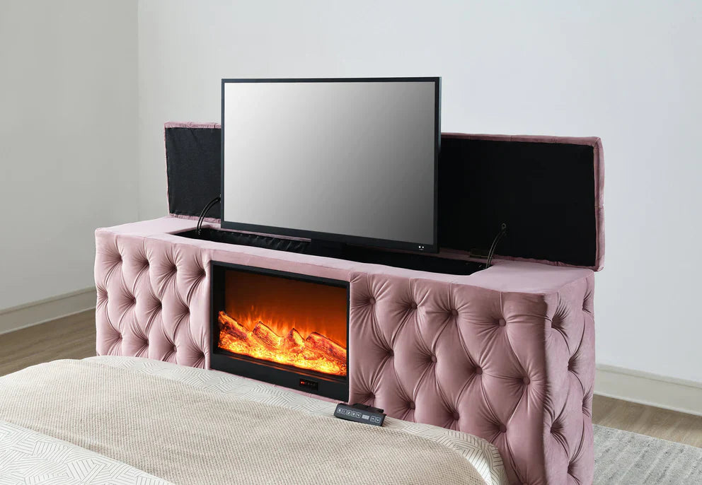 Upholstered Queen Tv Bed And Fireplace