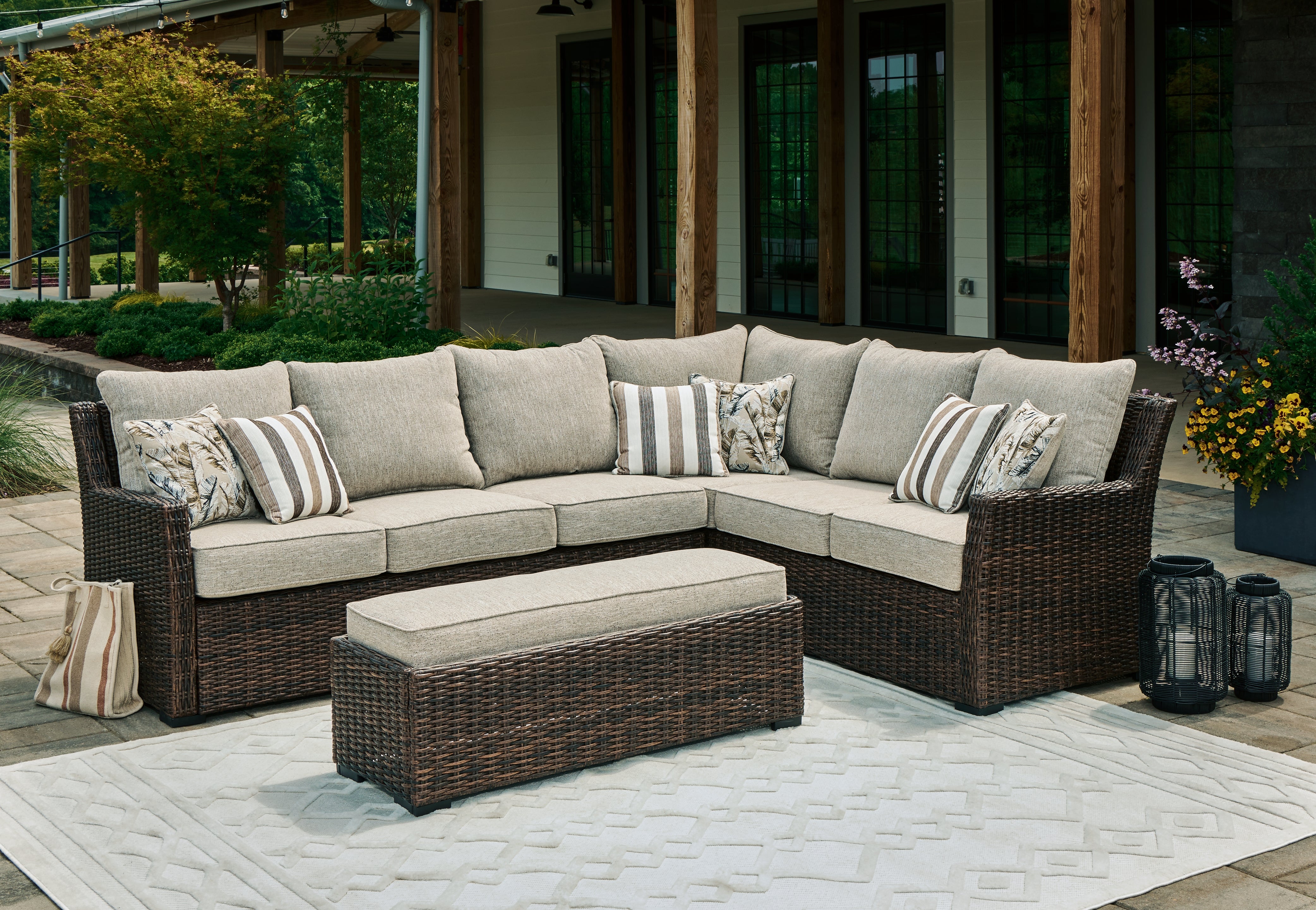 Homestyle Furniture - Ashley Furniture - Brook Ranch Outdoor Sofa Sectional/Bench with Cushion (Set of 3) - Sofa SEC/Bench w/CUSH (3/CN) - P465-822