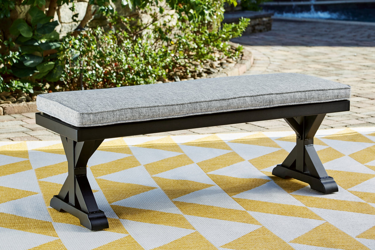 Homestyle Furniture - Ashley Furniture - Beachcroft Outdoor Bench with Cushion - Bench with Cushion / Black/Light Gray - P792-600