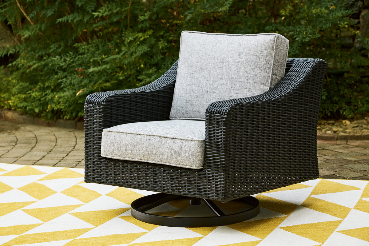 Homestyle Furniture - Ashley Furniture - Beachcroft Outdoor Swivel Lounge with Cushion - Swivel Lounge Chair (1/CN) / Black/Light Gray - P792-821