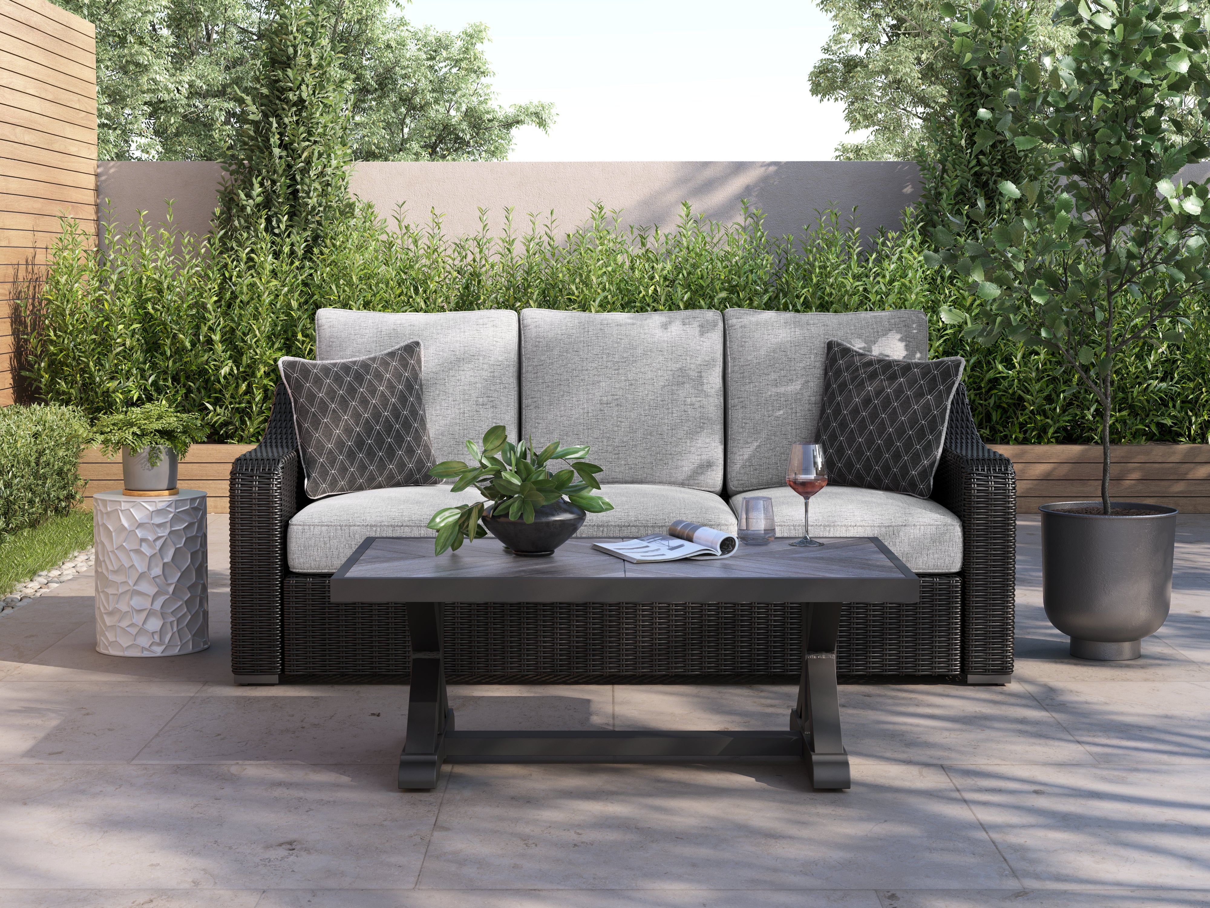 Homestyle Furniture - Ashley Furniture - Beachcroft Outdoor Sofa with Cushion - Sofa with Cushion / Black/Light Gray - P792-838