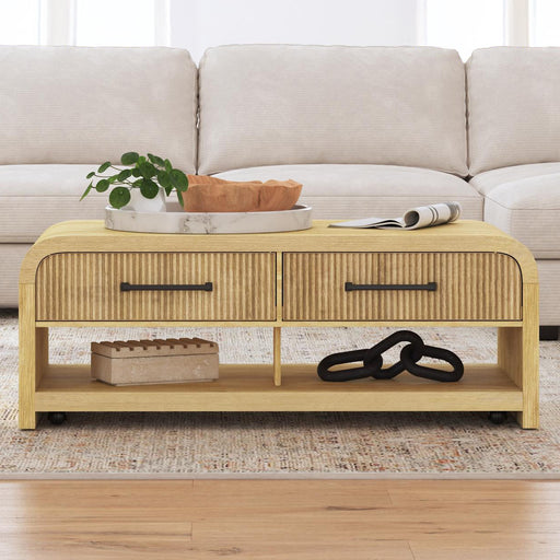 Ridgemont Coffee Table with Casters/Push Through Drawer in Natural – SKU T-14440-6-CT | HomeStyle Furniture