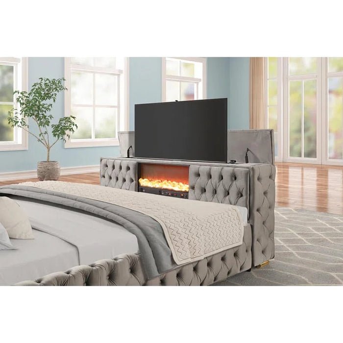 Upholstered Queen Tv Bed And Fireplace