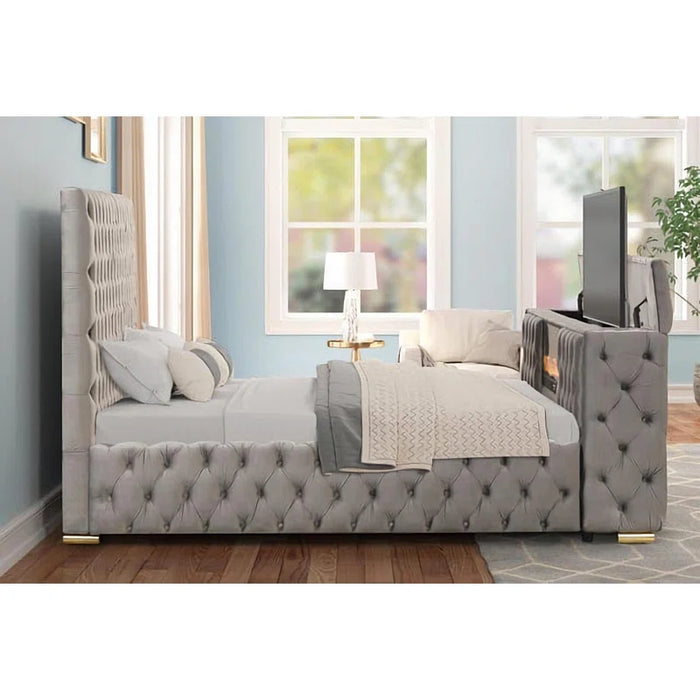 Upholstered Queen Tv Bed And Fireplace