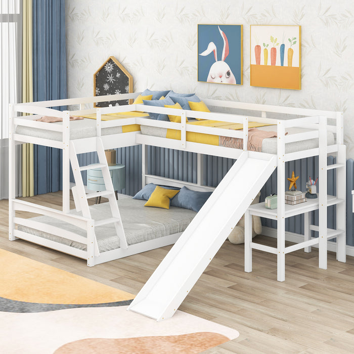 Twin over Full Bunk Bed with Twin Size Loft Bed with Desk and Slide,Full-Length Guardrail, White