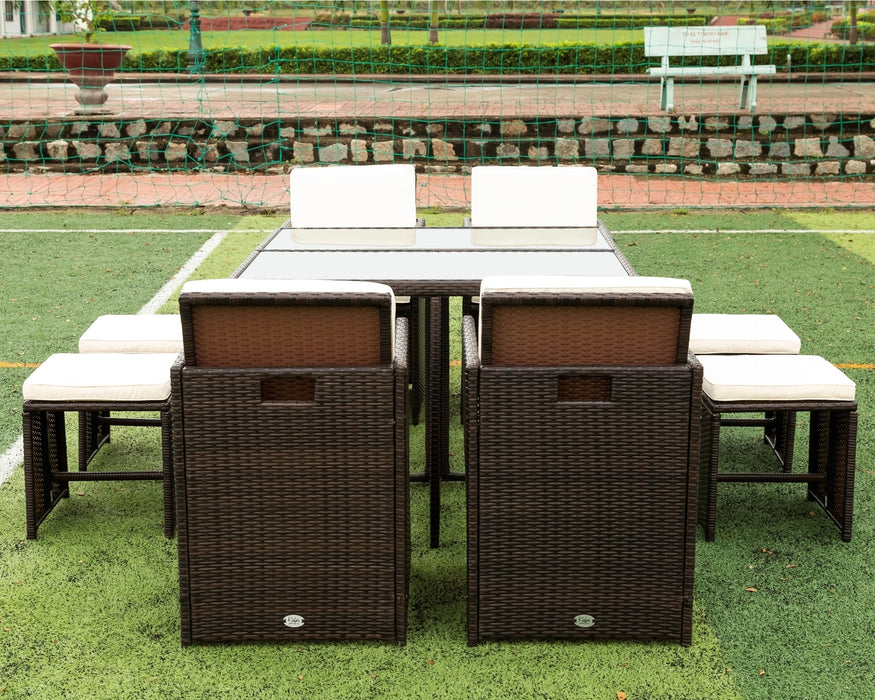 9 Pieces Patio Dining Sets Outdoor Space Saving Rattan Chairs with Glass Table Patio Furniture Sets Cushioned Seating