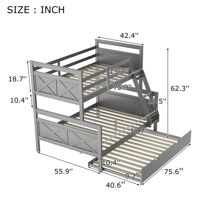 Twin over Full Bunk Bed with Ladder, Twin Size Trundle, Safety Guardrail, Gray（New）