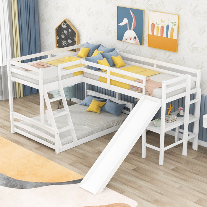 Twin over Full Bunk Bed with Twin Size Loft Bed with Desk and Slide,Full-Length Guardrail, White