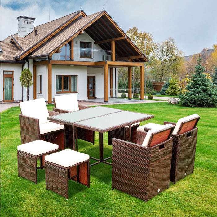 9 Pieces Patio Dining Sets Outdoor Space Saving Rattan Chairs with Glass Table Patio Furniture Sets Cushioned Seating