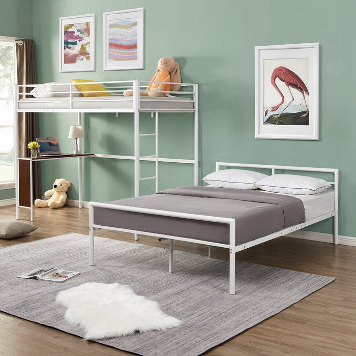 Twin over Full Metal Bunk Bed with Built-in Desk and Separate Full Platform Bed, White