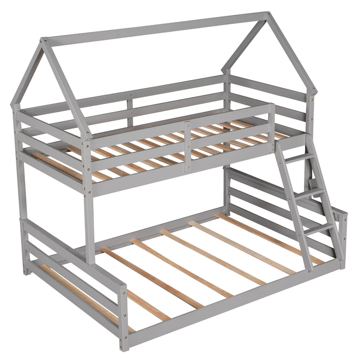 Twin over Full House Bunk Bed with Built-in Ladder,Gray