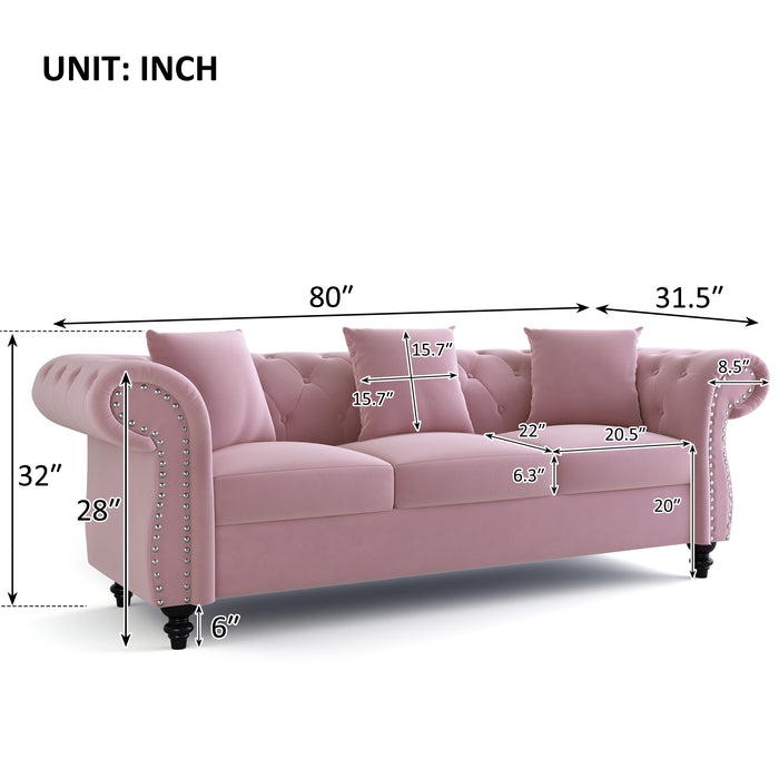 80"Chesterfield Sofa Tufted Velvet Upholstered 3-Seater Sofa Scrolled Arms With Nailhead Decoration,