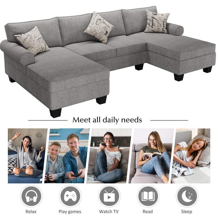 3pcs Chenille Sectional U Shaped Sofa with Double storage Chaises, Grey