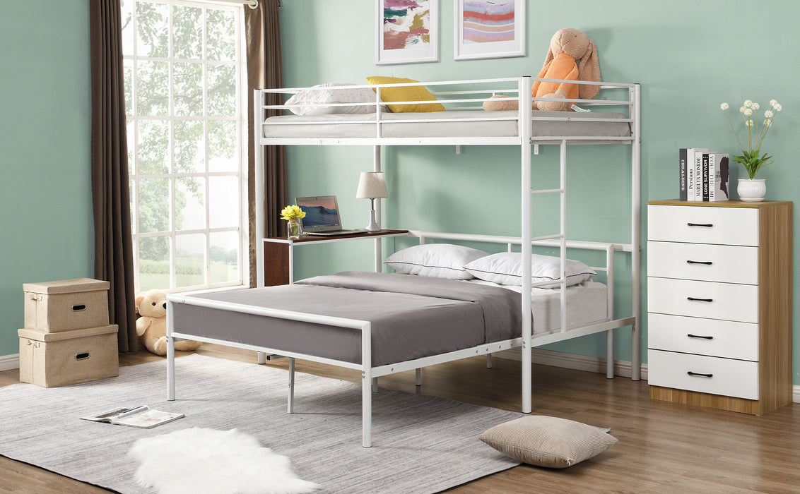 Twin over Full Metal Bunk Bed with Built-in Desk and Separate Full Platform Bed, White