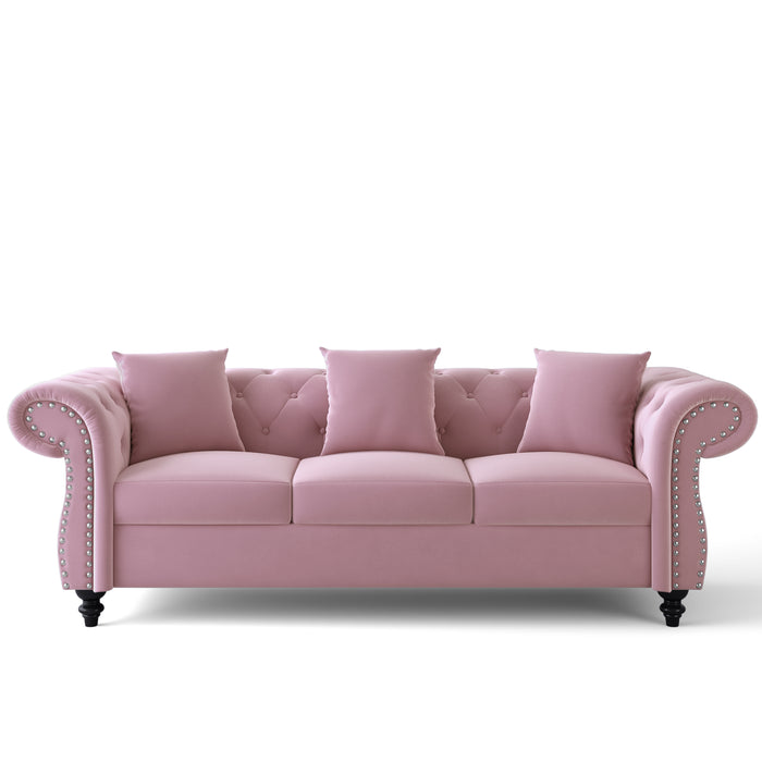 80"Chesterfield Sofa Tufted Velvet Upholstered 3-Seater Sofa Scrolled Arms With Nailhead Decoration,